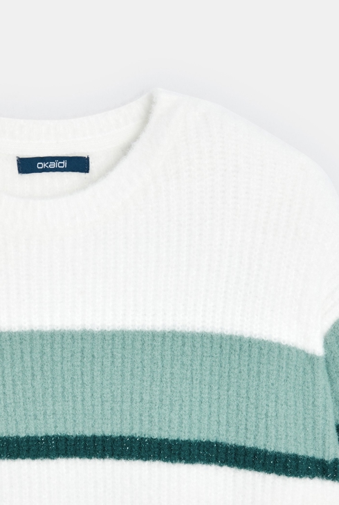 Črtast pulover z okroglim ovratnikom zelena deklica 2