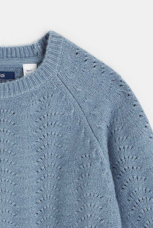 Pull ajouré à manches bouffantes bleu fille 2