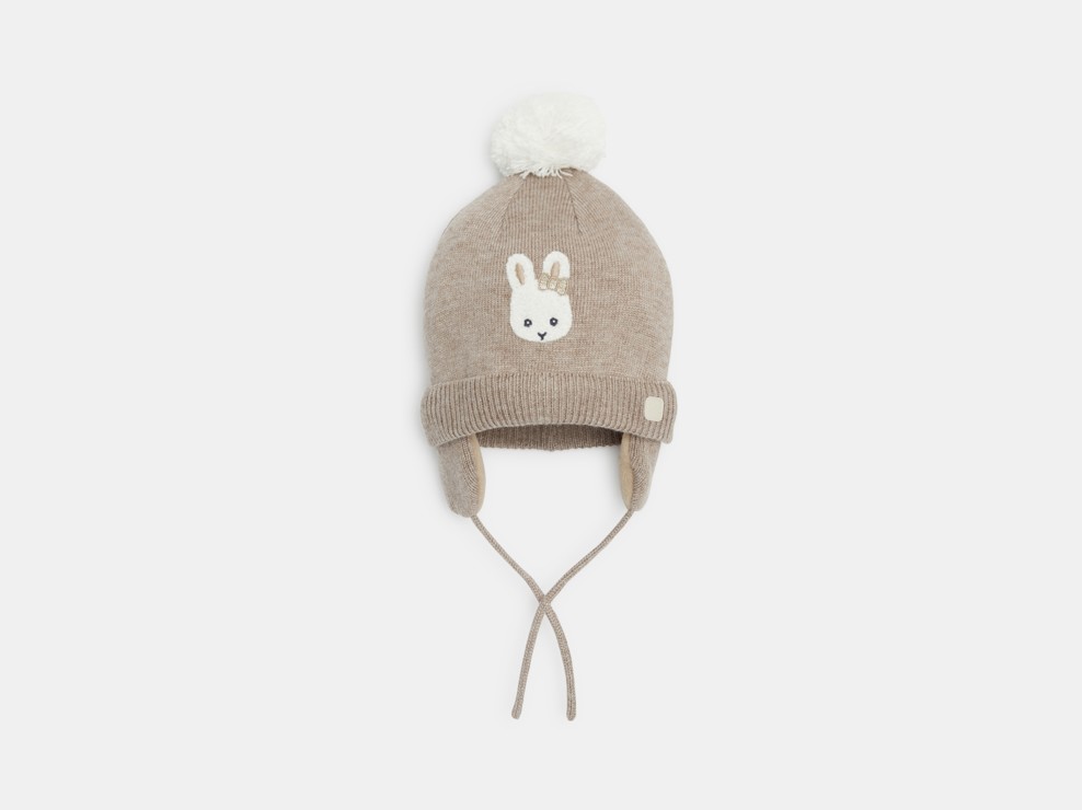 Bonnet maille tricot doublé polaire lapin beige bébé fille 1
