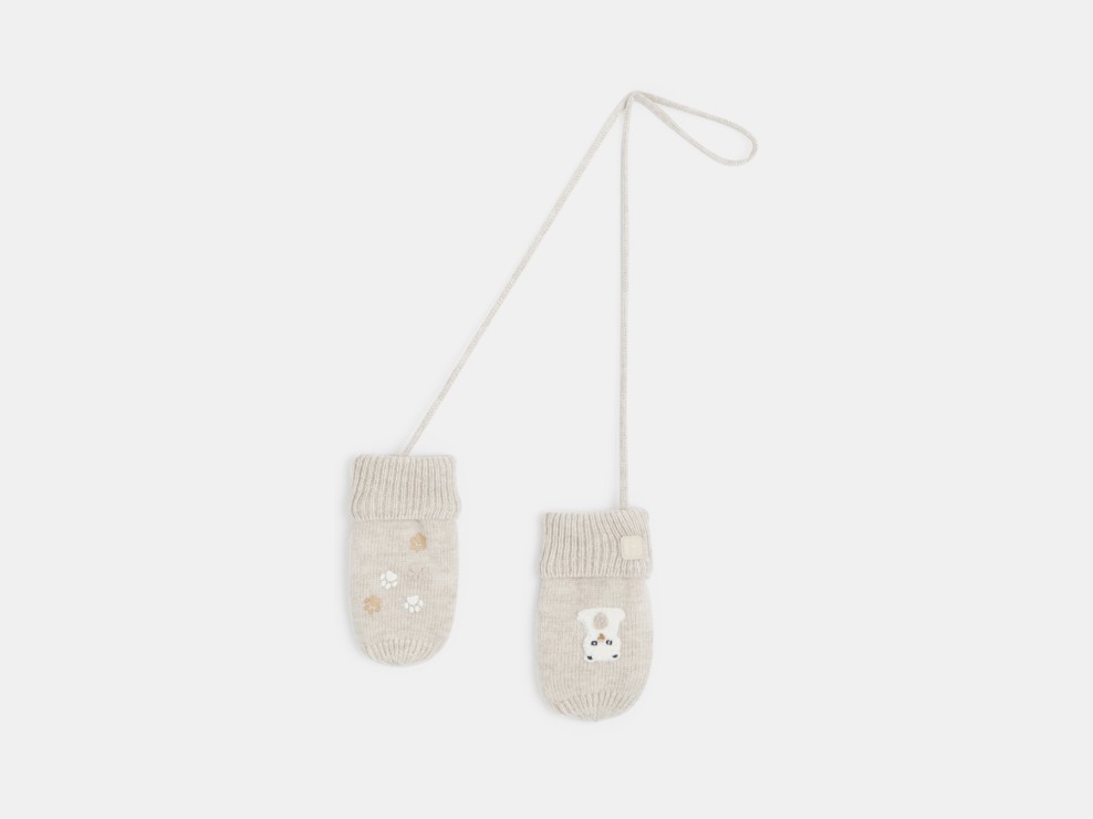 Beige Strickfäustlinge mit Fleecefutter und Tiermotiv Kleinkind Junge 1