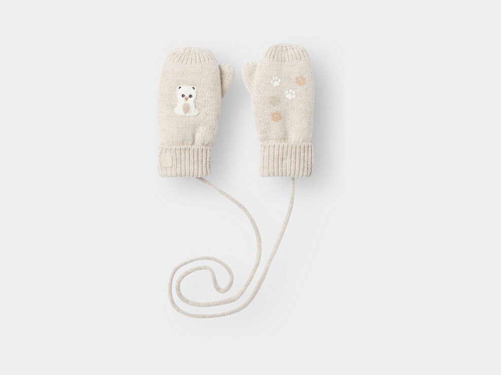 Beige Strickfäustlinge mit Fleecefutter und Tiermotiv Kleinkind Junge 1
