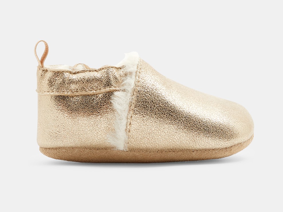 Chaussons cuir souple moumoute jaunes naissance 1