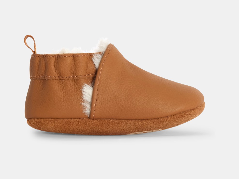 Chaussons cuir souple moumoute beige naissance 1