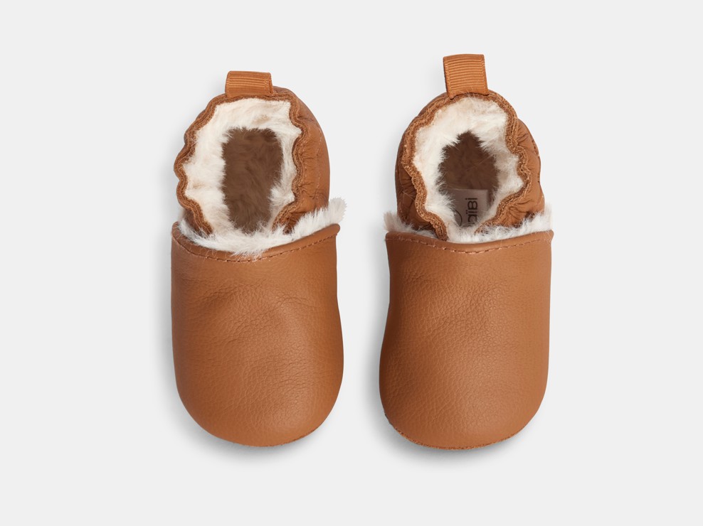Chaussons cuir souple moumoute beige naissance 2