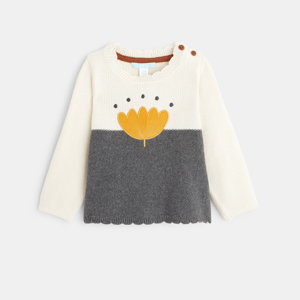 Pull tricot fleur brodée gris bébé fille 1