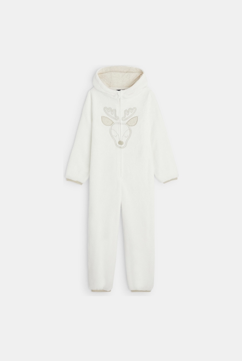 Combinaison-pyjama en polaire motif biche blanc fille