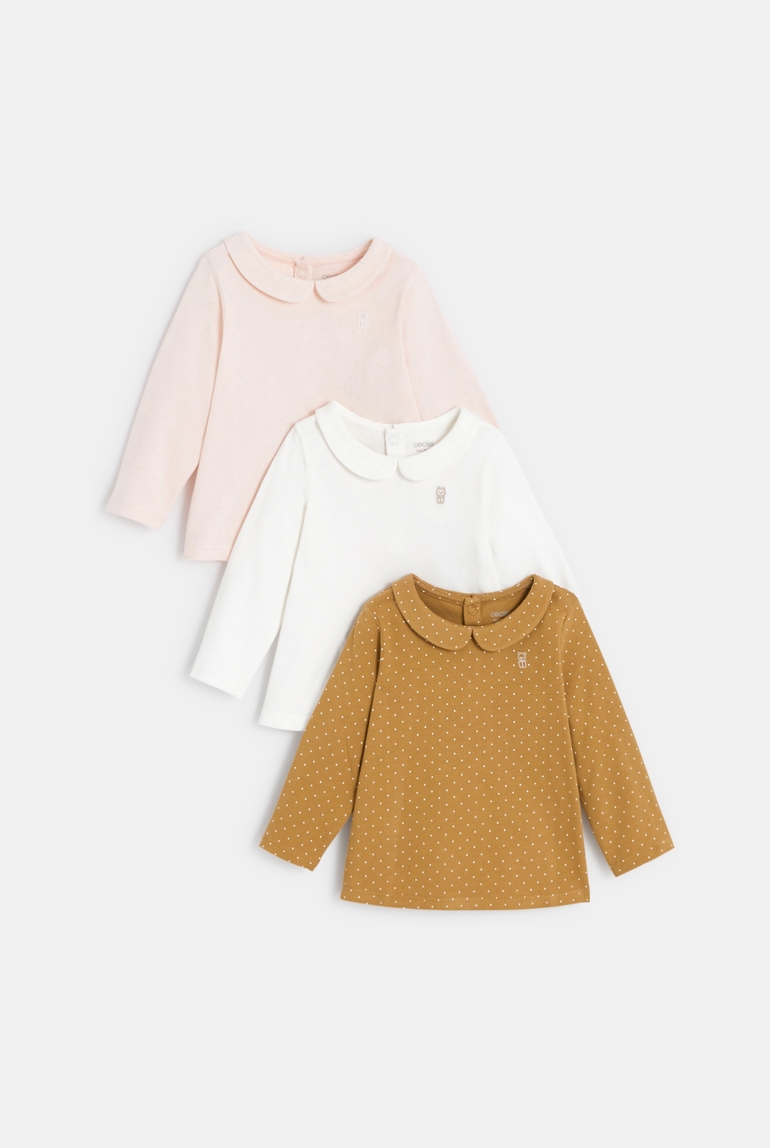 Effen T-shirt met claudinekraag (set van 3) roze babymeisje 1