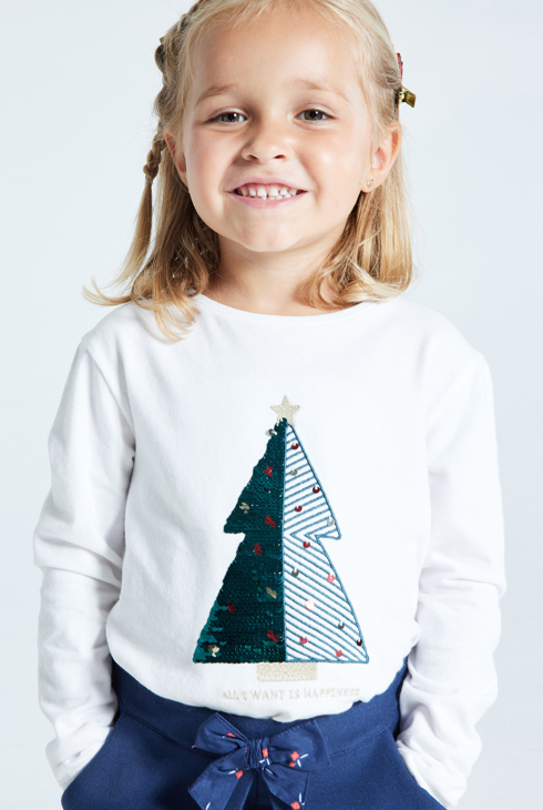 Weihnachts-T-Shirt mit Tannenbaum-Motiv Weiß Mädchen 1