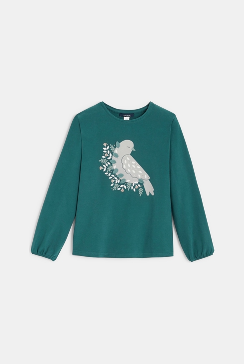 Shirt met geborduurd vogelmotief groen meisje 1
