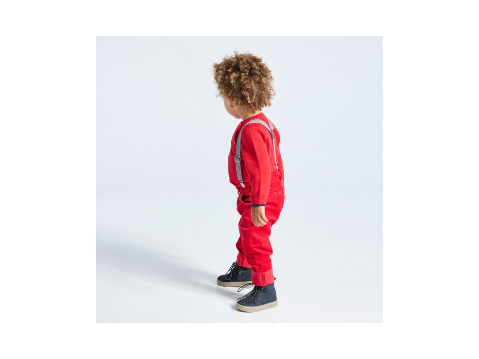 Pantalon velours fantaisie à bretelles rouge bébé garçon 1