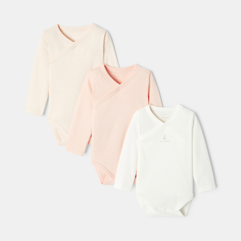 Absorba - Lot de 3 bodies cœur croisé à manches longues en coton bio rose naissance Absorba - Mixte