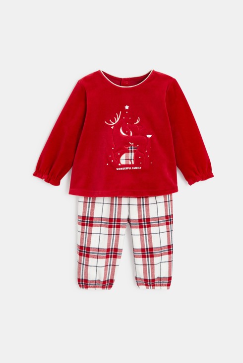 Žametna pižama jelenčki rdeča dojenček deklica 1