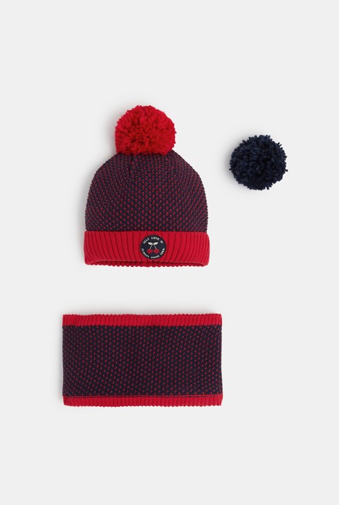 Bonnet à pompon interchangeable + snood assorti bleu fille 1
