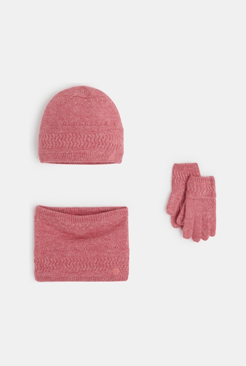 Bonnet + snood + gants coordonnés rose fille 1