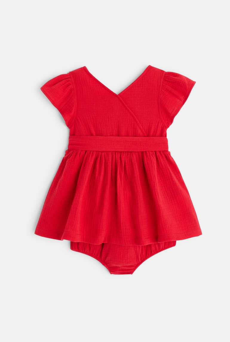 Wickelkleid aus Baumwollgaze und Bloomer Rot Baby Mädchen 1