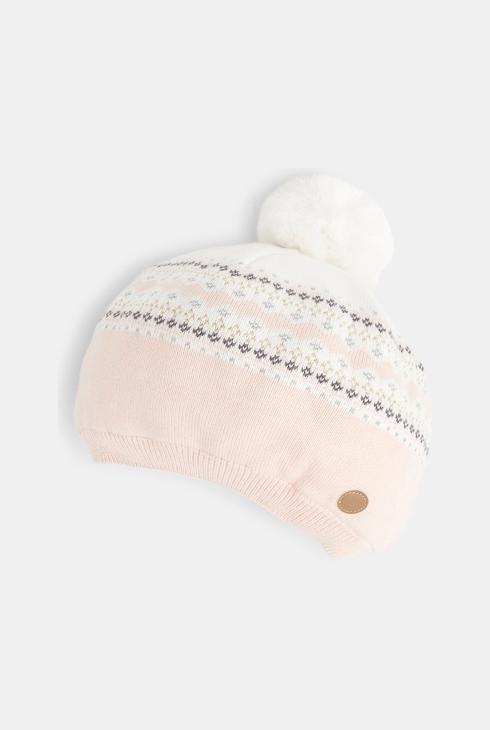Pletena baretka z žakarskim motivom rožnata dojenček deklica 1