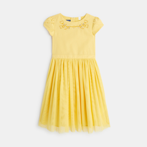 Robe brodée en tulle pailleté jaune fille 1