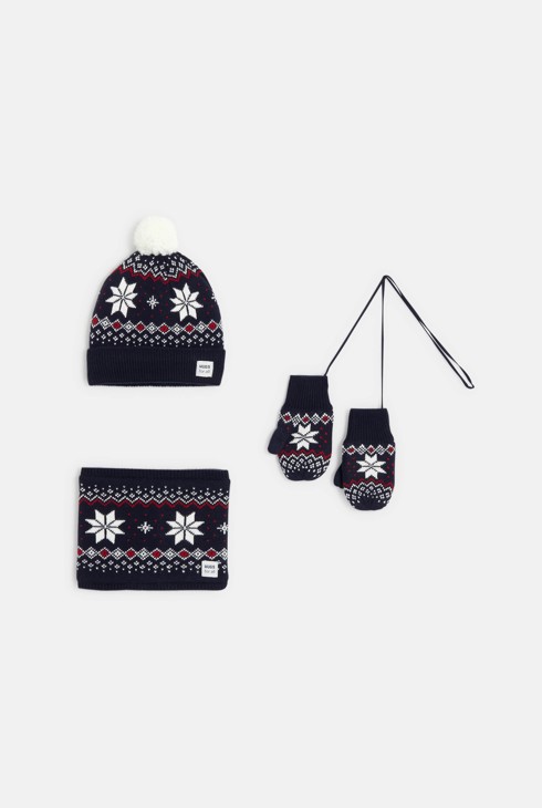Ensemble bonnet + snood + moufles bleue garçon 2