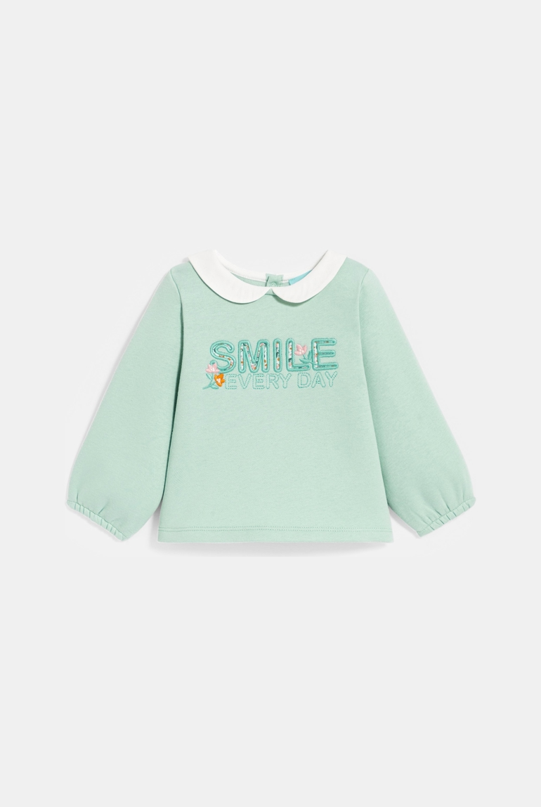 Gestreiftes grünes Baby-Sweatshirt aus Molton mit aufgesticktem Apfel 1