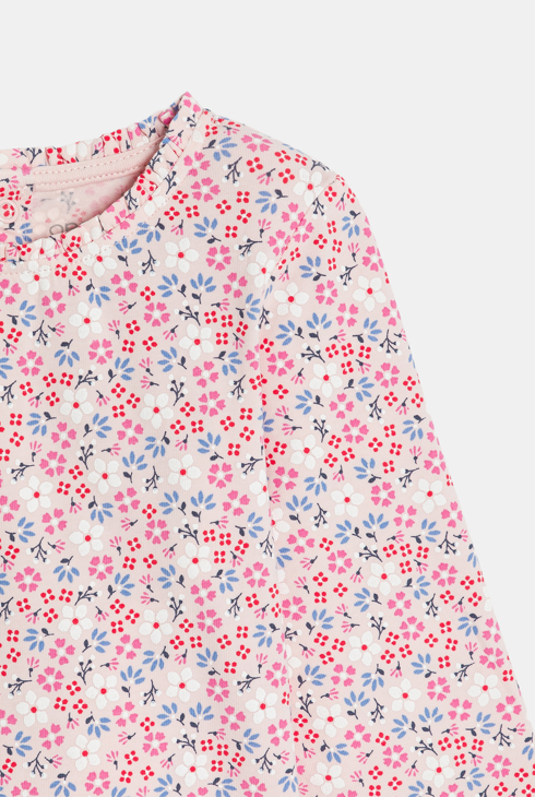 T-shirt maille côte plate fleuri rose bébé fille