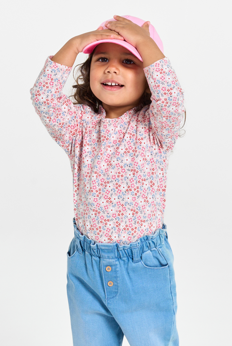 Camiseta punto de canalé plano de flores rosa bebé niña 1