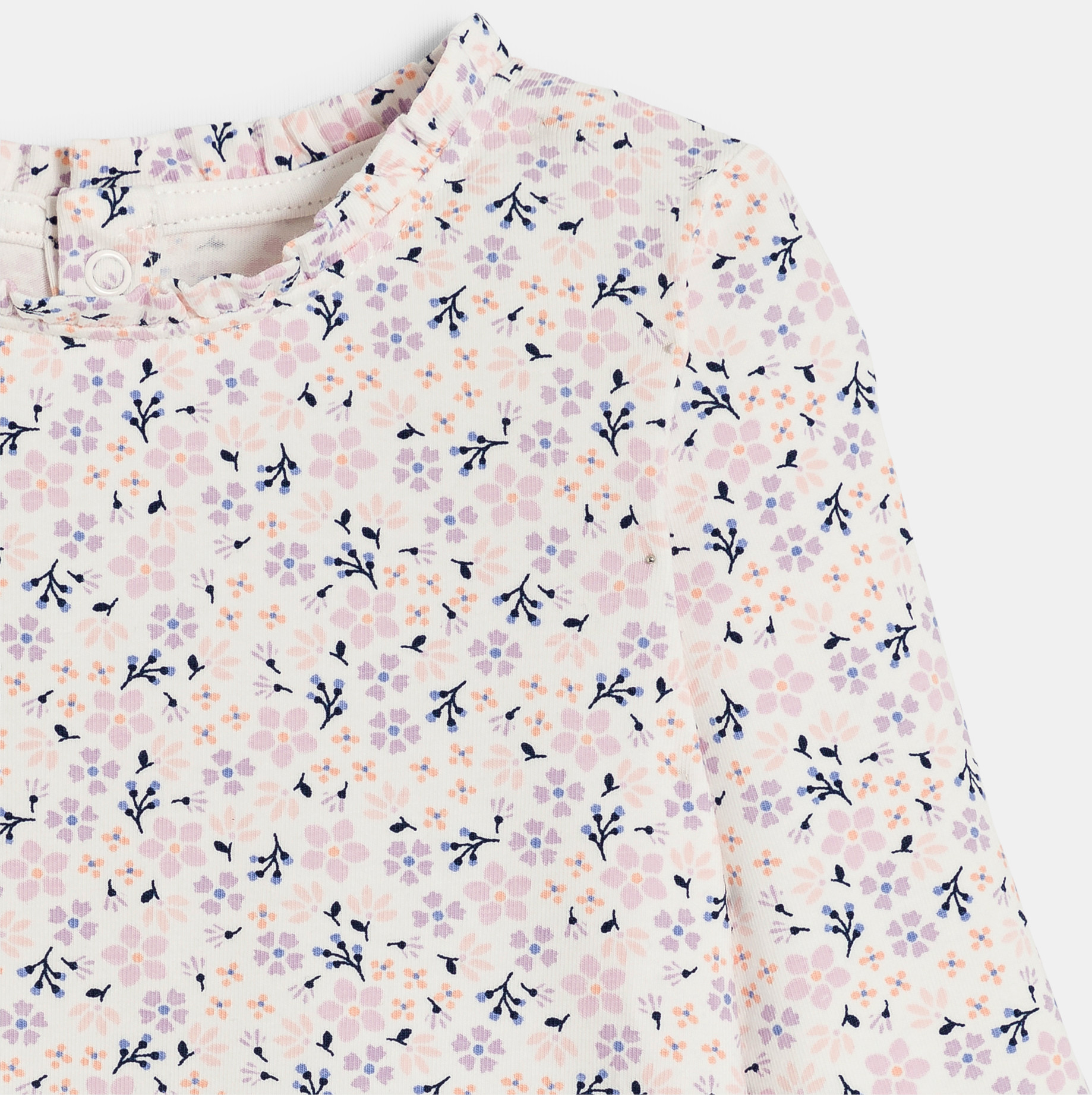 Blasslila T-Shirt aus flachem Rippenstrick mit Blumenmuster Kleinkind Mädchen 2