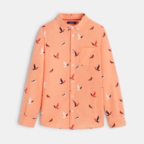 Chemise Coton Et Lin Imprimée Oiseaux Orange Garçon - Orange Corail - 4A - OKAIDI