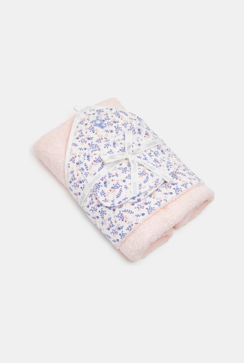 Ensemble cape de bain et carrés fleuris rose naissance 1