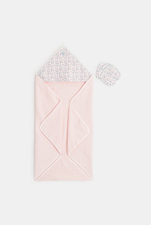 Ensemble cape de bain et carrés fleuris rose naissance 2