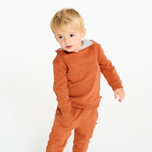 Oranje sweater van joggingstof met kap voor babyjongens 1