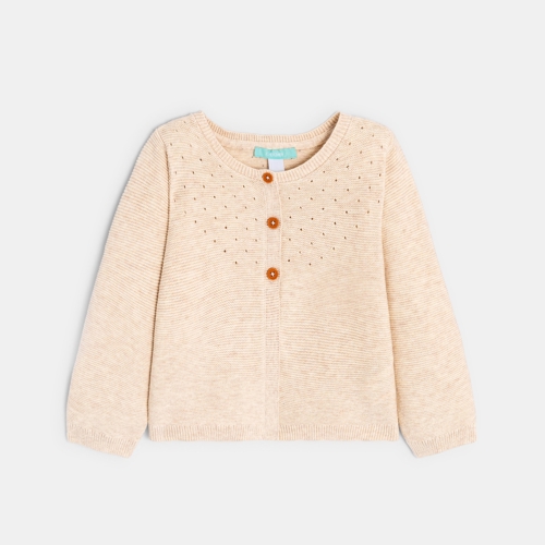 Gilet maille tricot effet pointelle beige bebe fille Okaidi Obaibi