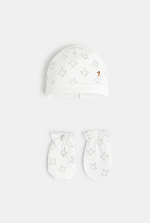 Mütze und Fäustlinge aus Rippjersey Weiß Geburt 1