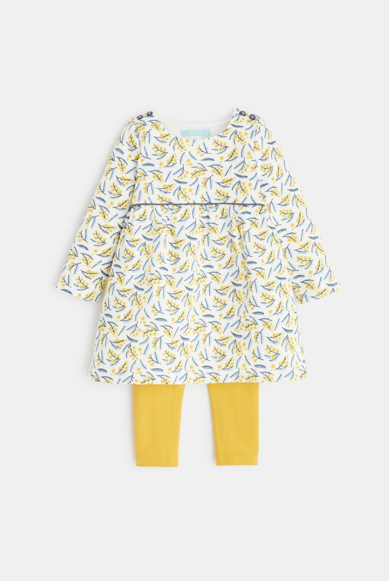 Robe effet pointelle mimosa et legging jaune bébé fille 1