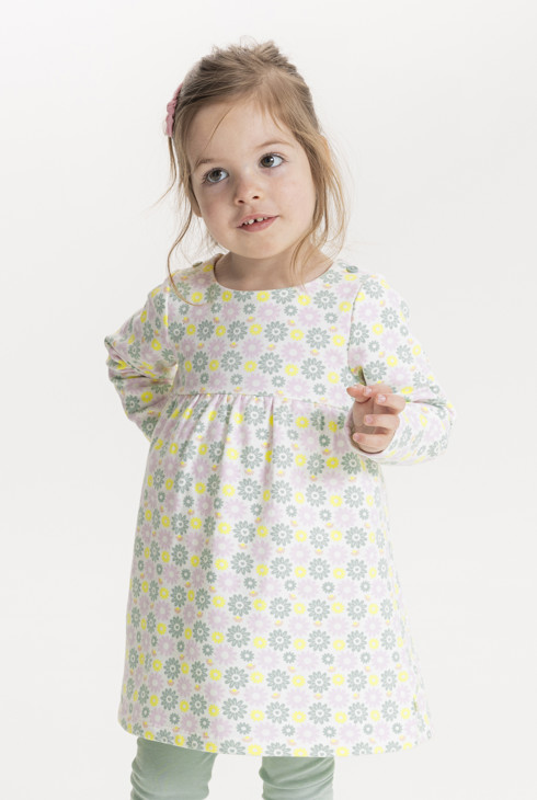 Geblümtes Kleid in Pointelle-Optik und grüne Leggings für Kleinkinder 2