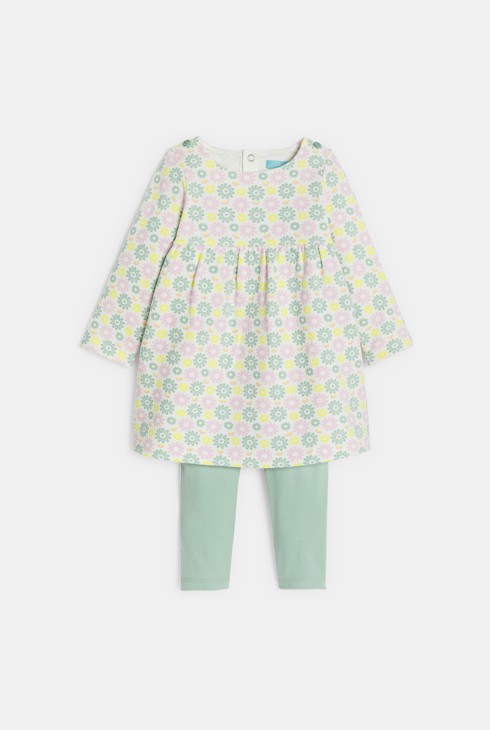 Geblümtes Kleid in Pointelle-Optik und grüne Leggings für Kleinkinder 2