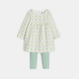 Groene jurk met fijn ajourmotiefje en legging voor babymeisjes 1