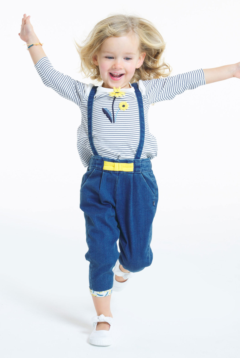 Pantalon denim à bretelles amovibles bleu bébé fille 1