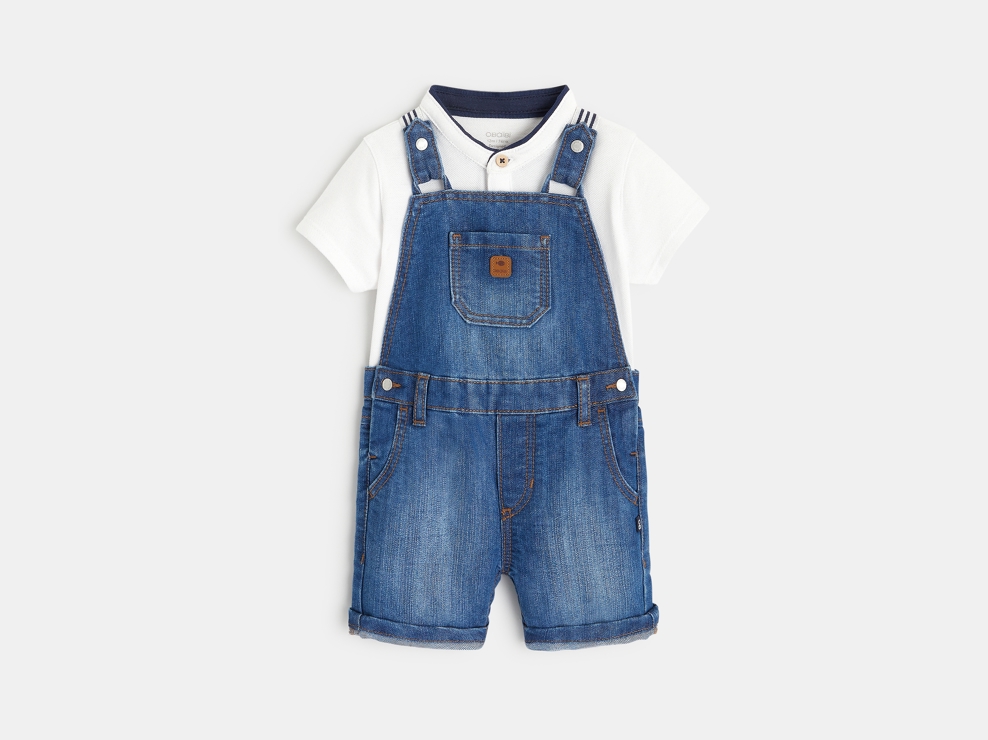 Salopette courte denim et t-shirt tunisien bleue bébé garçon 1