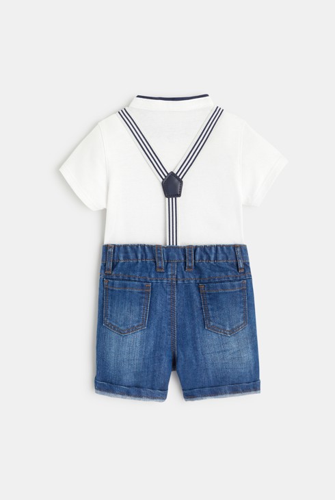 Kurze Denim-Latzhose und T-Shirt mit tunesischem Kragen Blau Baby Jungen 2