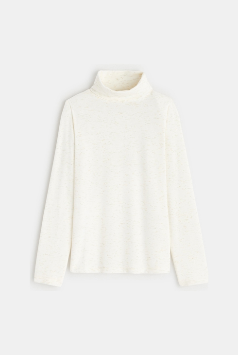 Koszulka z golfem melanż z połyskiem beżowy dziewczynka 1