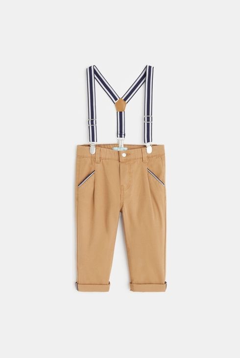 Pantalon coton fantaisie à bretelles clipsées marron bébé garçon