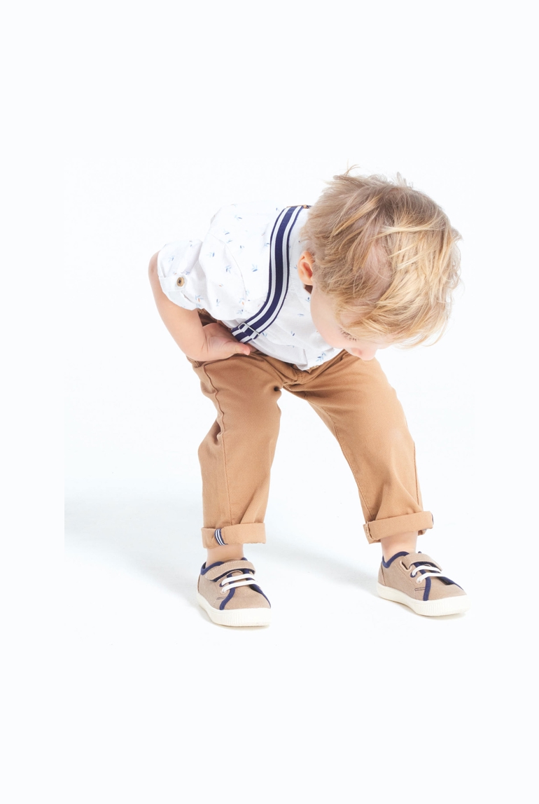 Pantalon coton fantaisie à bretelles clipsées marron bébé garçon 1
