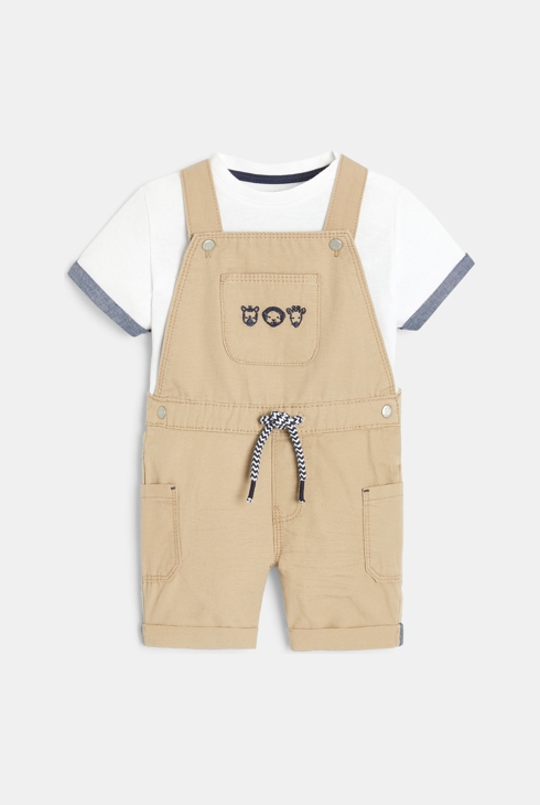 Kurze modische Latzhose und T-Shirt aus Pikee-Strick Beige Baby Jungen 1