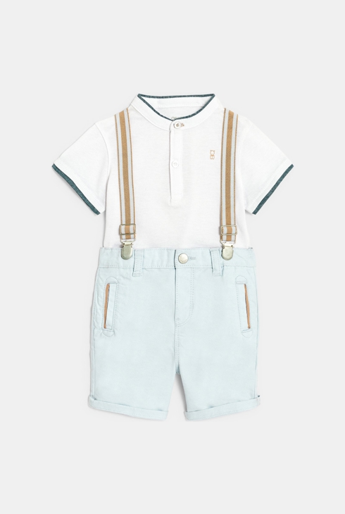 Bermuda à bretelles et t-shirt maille piquée bleu bébé garçon 1
