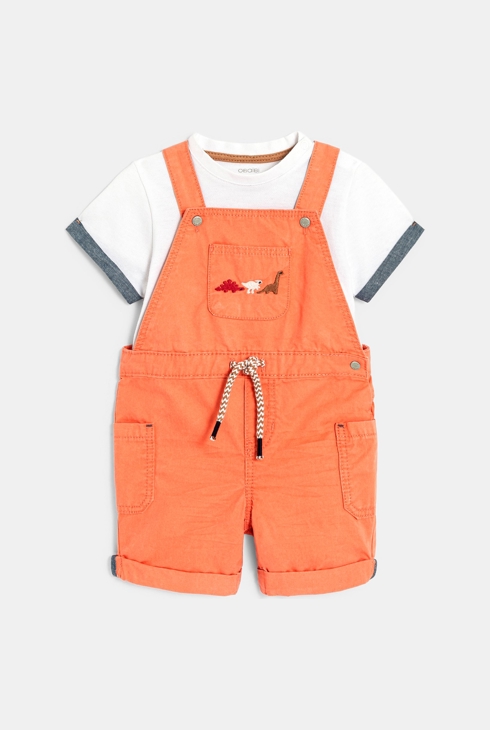 Kurze Dinosaurier-Latzhose und T-Shirt aus Pikee-Strick Orange Baby Jungen 1