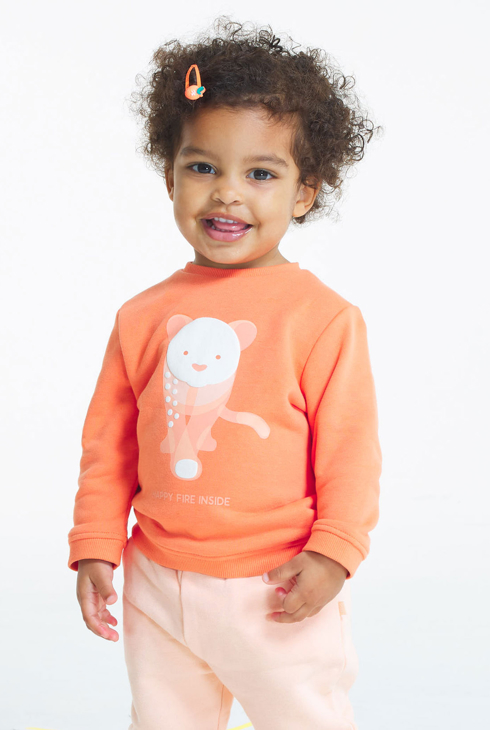 Sweatshirt aus Molton mit Katze, orange Baby Jungen 1