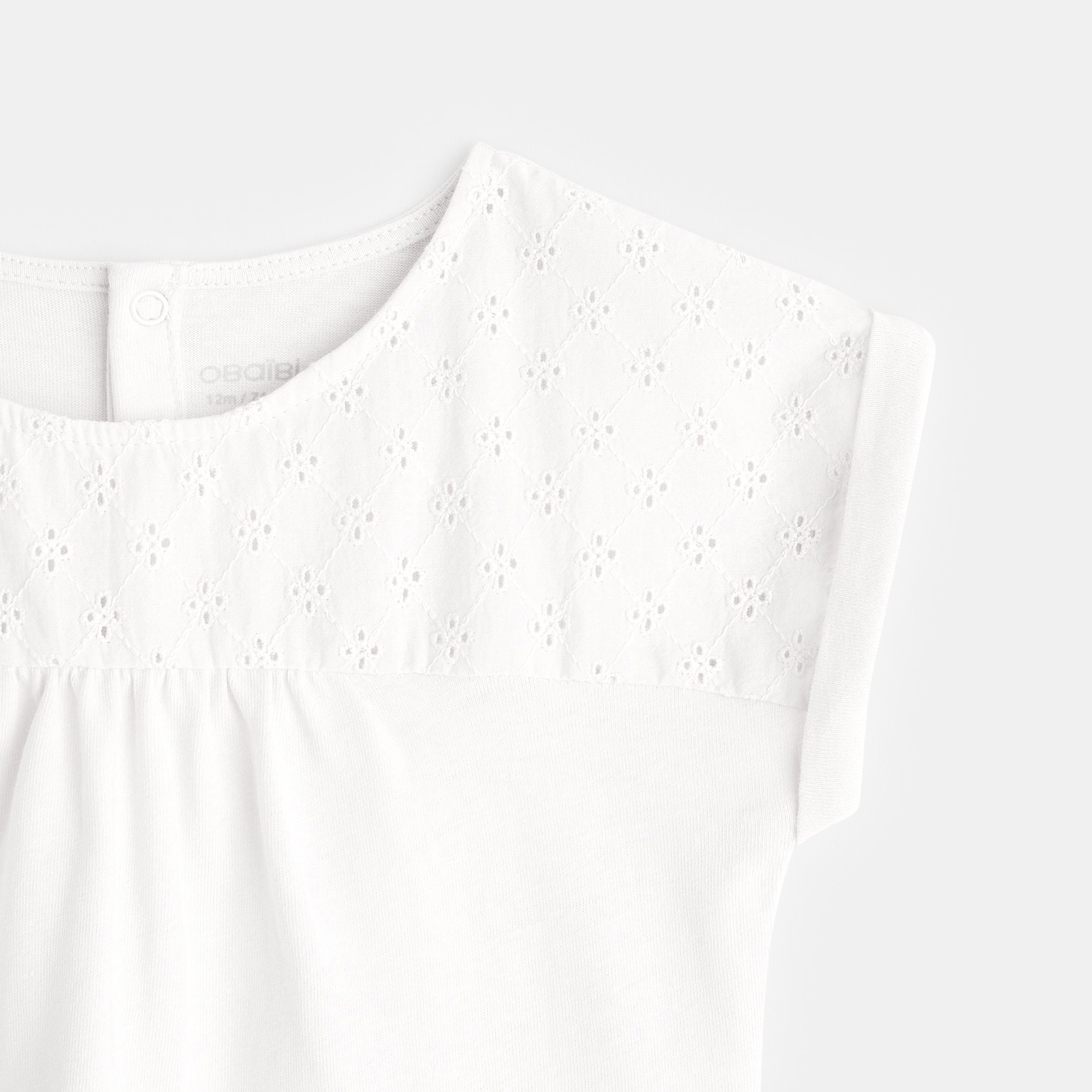 T-shirt bi-matière broderie anglaise violet bébé fille - Blanc