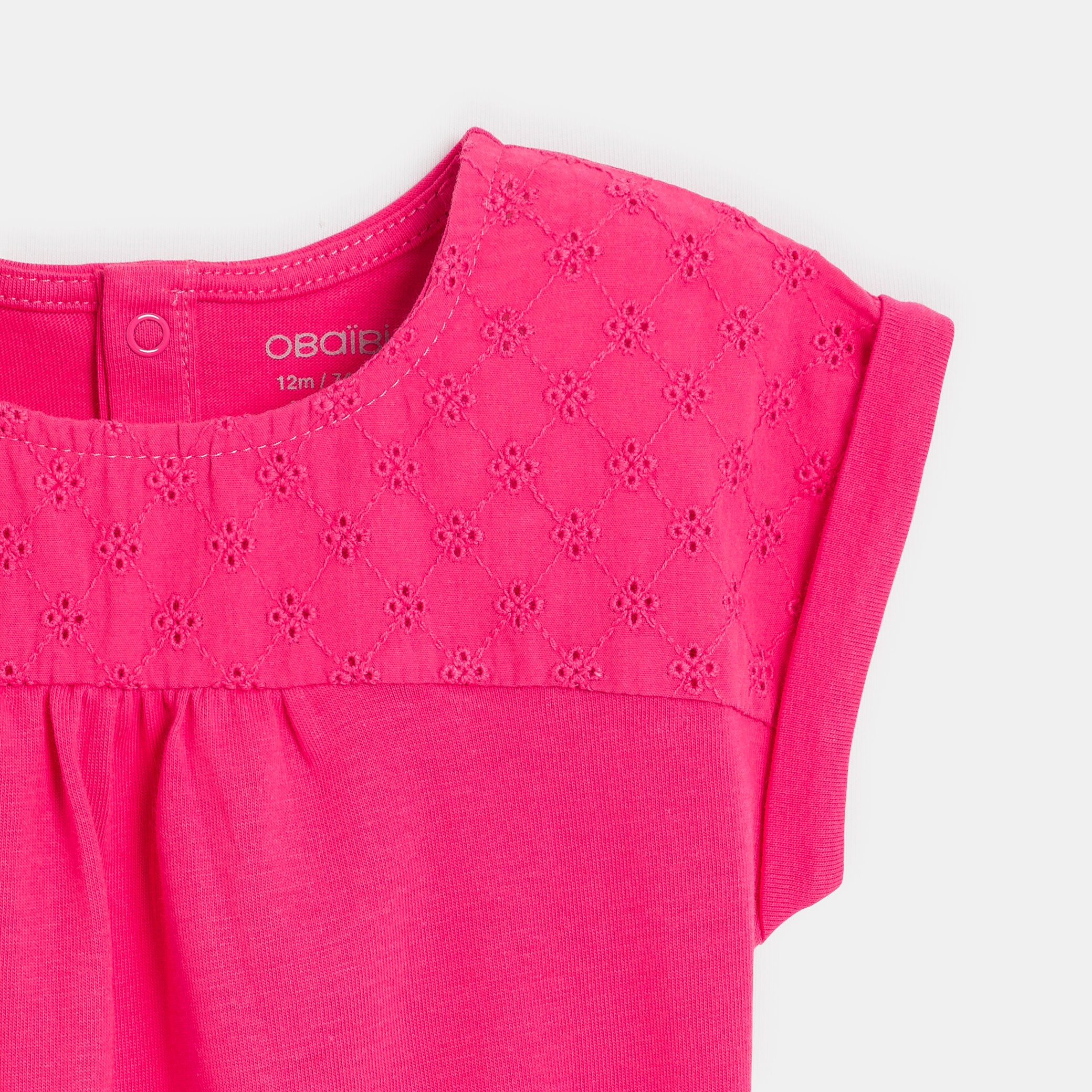 T-shirt bi-matière broderie anglaise violet bébé fille - Rose Tres Fonce