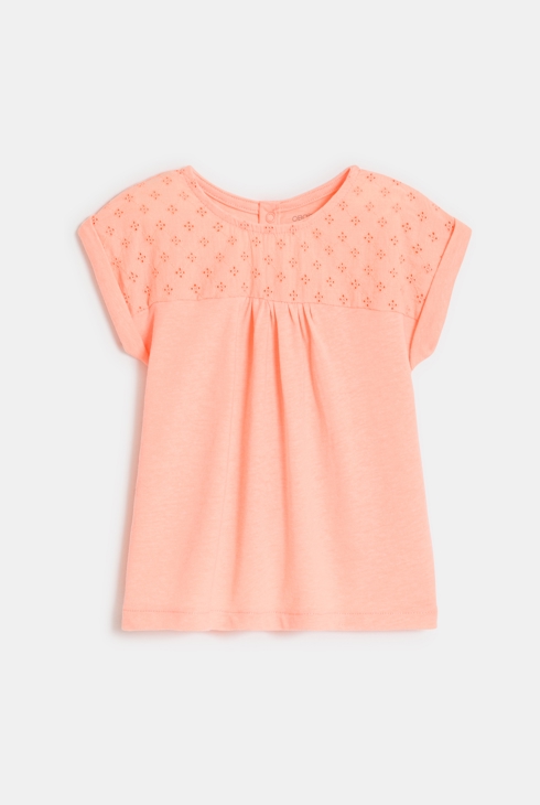 T-shirt bi-matière broderie anglaise rose bébé fille 1