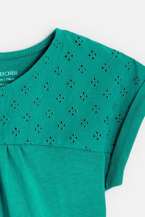 T-shirt bi-matière broderie anglaise vert bébé fille